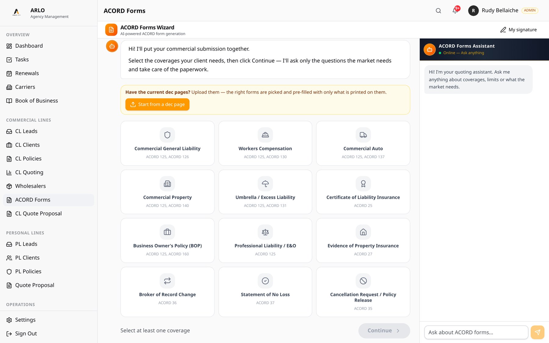 The ACORD Forms page in ARLO CRM, with the Start from a dec page button