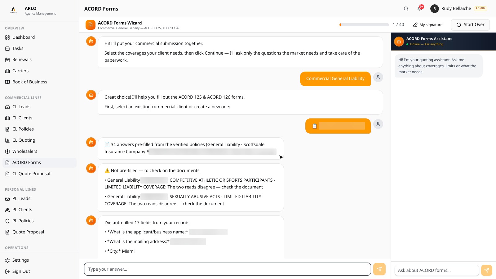 Step 3: the ACORD wizard opens with the values read on the dec page (client details blurred)